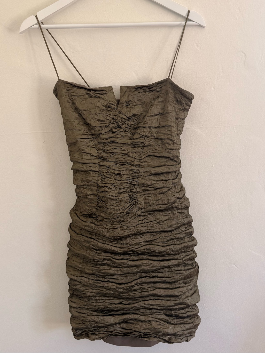 Nicole Miller Metallic Olive Green Ruched Spaghetti Strap Mini Dress
